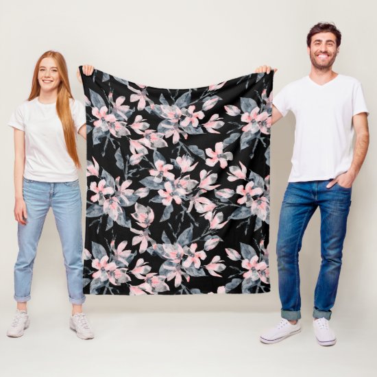 Pink & Gray Floral Watercolor Pattern Fleece Blanket