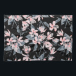 Pink & Gray Floral Watercolor Pattern Kitchen Towel<br><div class="desc">A kitchen towel with an elegant pattern made with a watercolor illustration of pink flowers with blue-gray leaves and stems. Classy black background.</div>