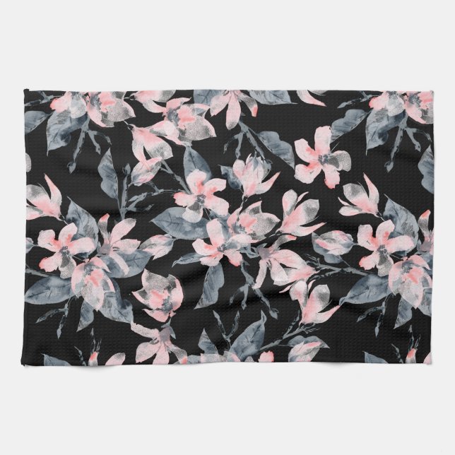 Pink & Gray Floral Watercolor Pattern Kitchen Towel (Horizontal)