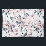 Pink & Gray Floral Watercolor Pattern Kitchen Towel<br><div class="desc">A kitchen towel with an elegant pattern made with a watercolor illustration of pink flowers with blue-gray leaves and stems.</div>