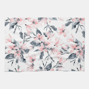 Pink & Gray Floral Watercolor Pattern Kitchen Towel