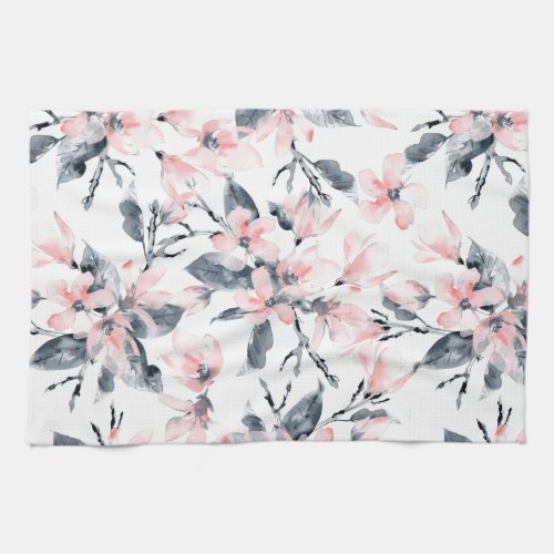 Pink  Gray Floral Watercolor Pattern Kitchen Towel