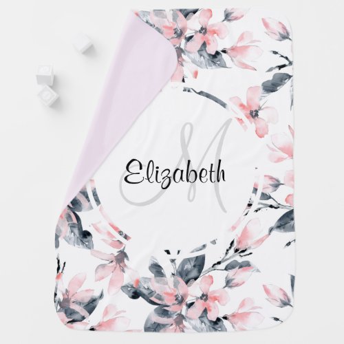 Pink  Gray Floral Watercolor Pattern Monogram Baby Blanket