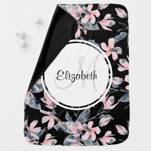 Pink  Gray Floral Watercolor Pattern Monogram Baby Blanket