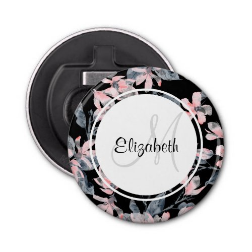 Pink  Gray Floral Watercolor Pattern Monogram Bottle Opener