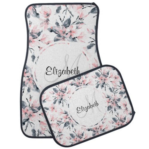 Pink  Gray Floral Watercolor Pattern Monogram Car Floor Mat