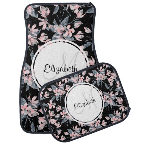 Pink  Gray Floral Watercolor Pattern Monogram Car Floor Mat