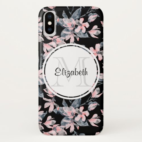 Pink  Gray Floral Watercolor Pattern Monogram iPhone X Case