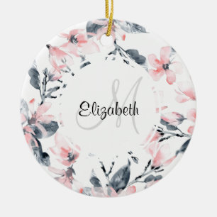 Pink & Gray Floral Watercolor Pattern Monogram Ceramic Ornament