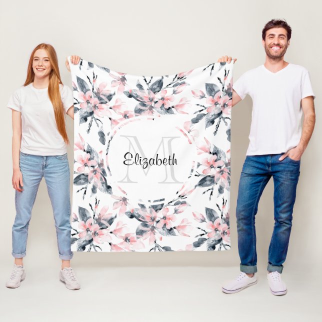 Pink & Gray Floral Watercolor Pattern Monogram Fleece Blanket (In Situ)