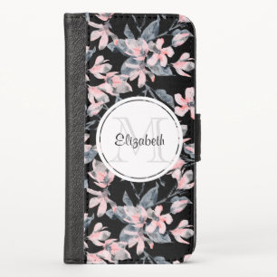 Pink & Gray Floral Watercolor Pattern Monogram iPhone X Wallet Case