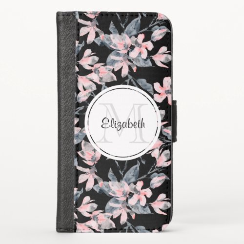 Pink  Gray Floral Watercolor Pattern Monogram iPhone X Wallet Case
