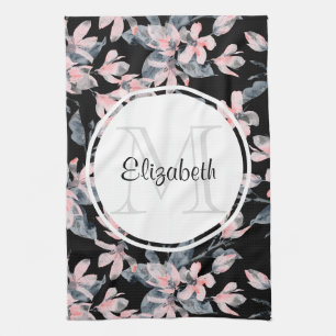 Pink & Gray Floral Watercolor Pattern Monogram Kitchen Towel