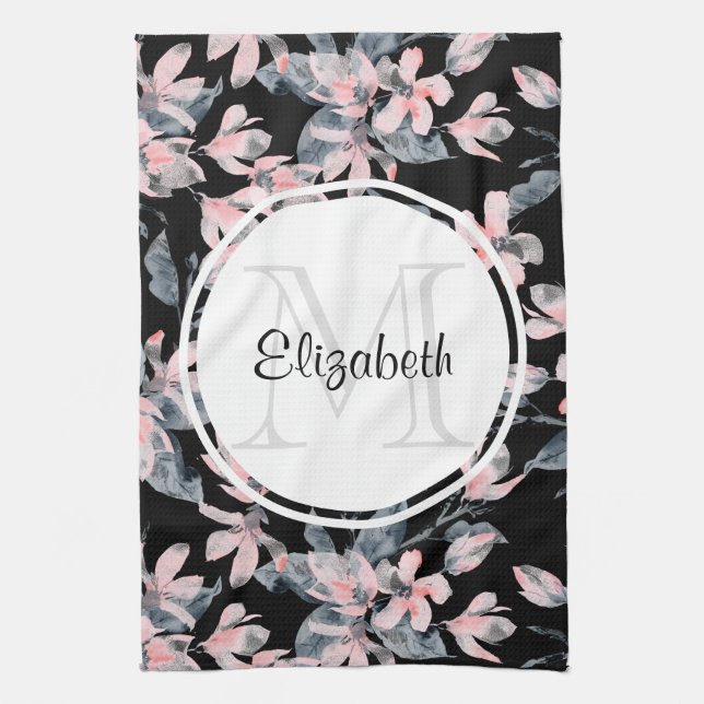 Pink & Gray Floral Watercolor Pattern Monogram Kitchen Towel (Vertical)
