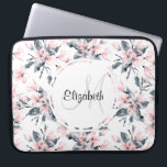 Pink & Gray Floral Watercolor Pattern Monogram Laptop Sleeve<br><div class="desc">Personalized laptop sleeve with an elegant pattern made with a watercolor illustration of pink flowers with blue-gray leaves and stems.
A white circle layered over top with your name and monogram initial inside.</div>