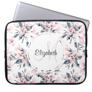 Pink & Gray Floral Watercolor Pattern Monogram Laptop Sleeve