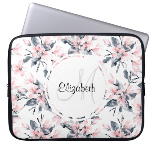 Pink  Gray Floral Watercolor Pattern Monogram Laptop Sleeve