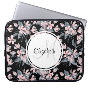 Pink & Gray Floral Watercolor Pattern Monogram Laptop Sleeve