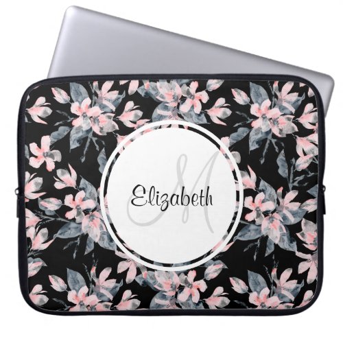 Pink  Gray Floral Watercolor Pattern Monogram Laptop Sleeve