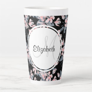 Pink & Gray Floral Watercolor Pattern Monogram Latte Mug