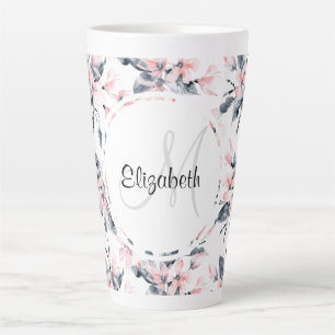 Pink & Gray Floral Watercolor Pattern Monogram Latte Mug