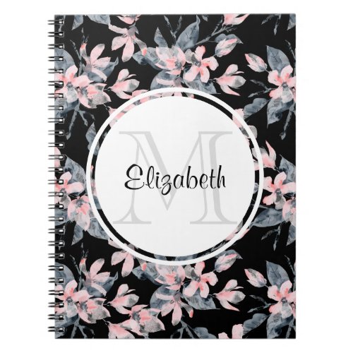 Pink  Gray Floral Watercolor Pattern Monogram Notebook