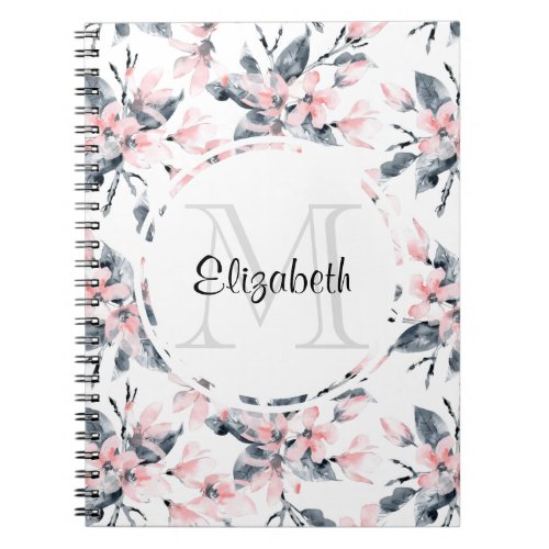 Pink  Gray Floral Watercolor Pattern Monogram Notebook