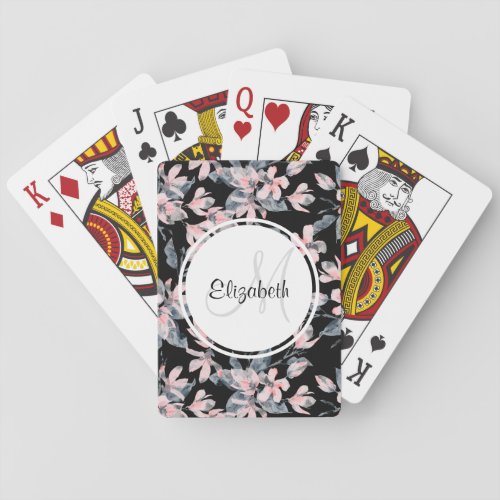 Pink  Gray Floral Watercolor Pattern Monogram Poker Cards