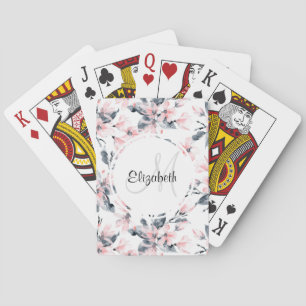 Pink & Gray Floral Watercolor Pattern Monogram Poker Cards