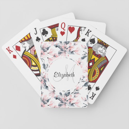 Pink  Gray Floral Watercolor Pattern Monogram Poker Cards