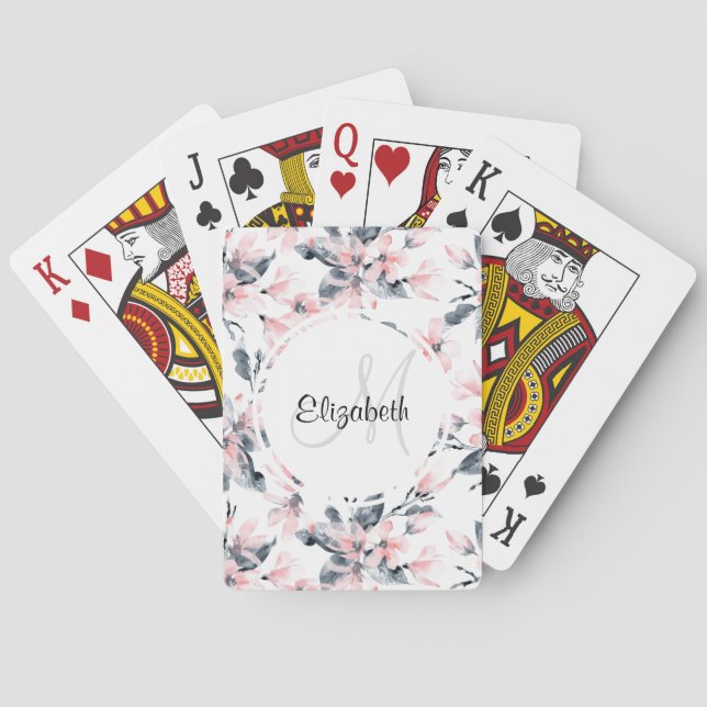 Pink & Gray Floral Watercolor Pattern Monogram Poker Cards (Back)
