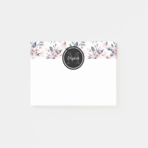 Pink & Gray Floral Watercolor Pattern Monogram Post-it Notes