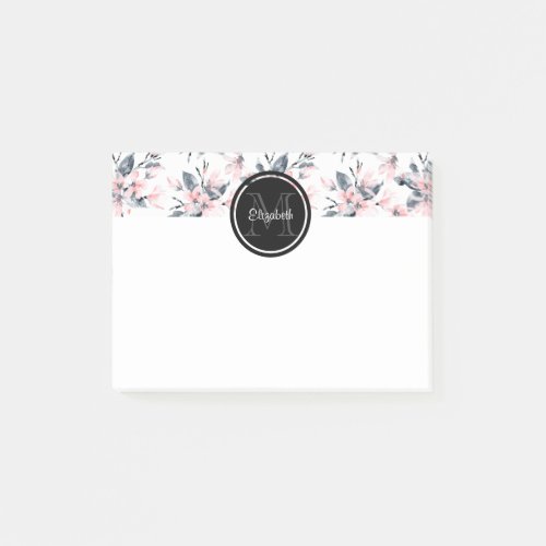 Pink  Gray Floral Watercolor Pattern Monogram Post_it Notes