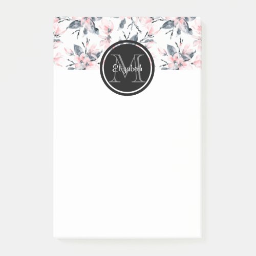 Pink  Gray Floral Watercolor Pattern Monogram Post_it Notes