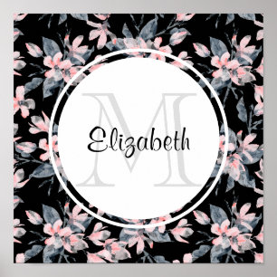 Pink & Gray Floral Watercolor Pattern Monogram Poster