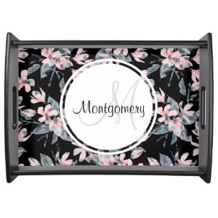 Pink & Gray Floral Watercolor Pattern Monogram Serving Tray