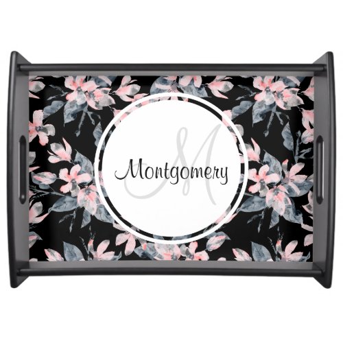 Pink  Gray Floral Watercolor Pattern Monogram Serving Tray