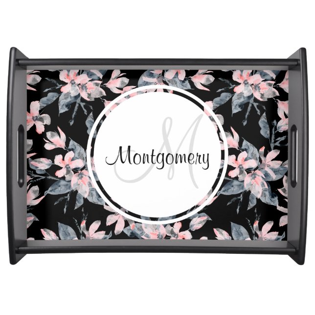 Pink & Gray Floral Watercolor Pattern Monogram Serving Tray (Front)