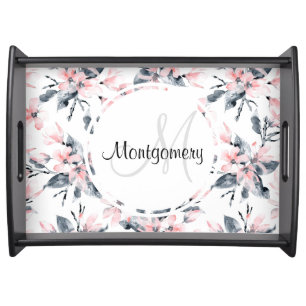 Pink & Gray Floral Watercolor Pattern Monogram Serving Tray