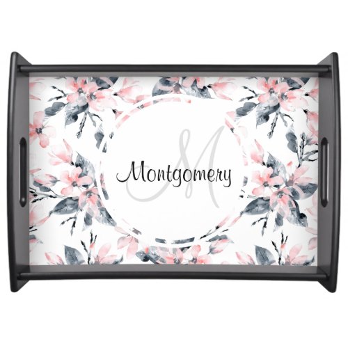 Pink  Gray Floral Watercolor Pattern Monogram Serving Tray