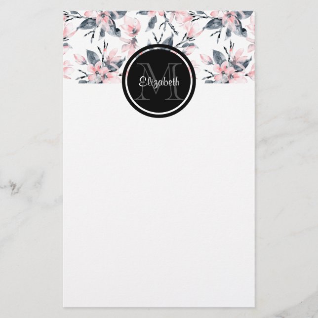 Pink & Gray Floral Watercolor Pattern Monogram Stationery (Front)