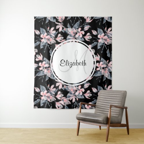 Pink  Gray Floral Watercolor Pattern Monogram Tapestry