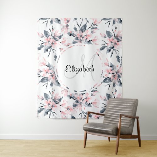 Pink  Gray Floral Watercolor Pattern Monogram Tapestry