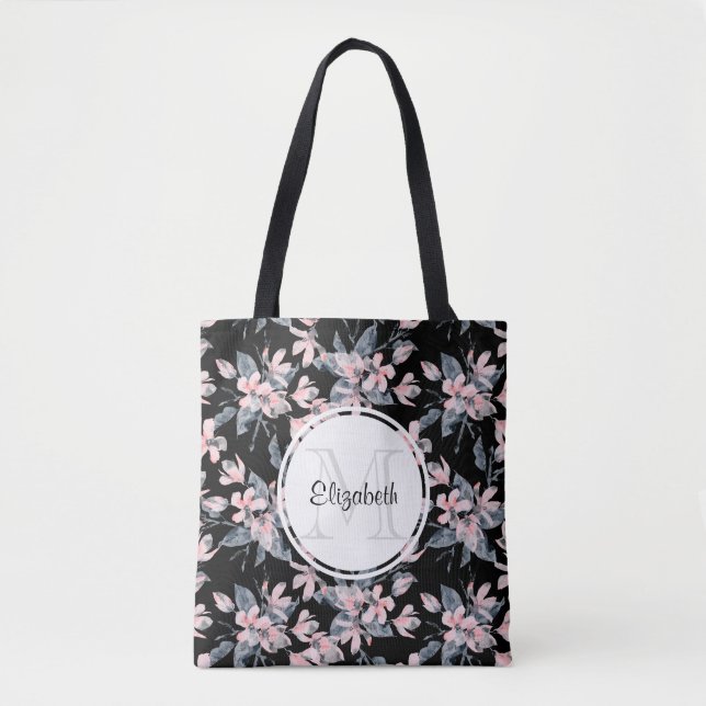 Pink & Gray Floral Watercolor Pattern Monogram Tote Bag (Front)