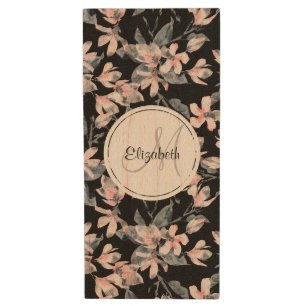Pink & Gray Floral Watercolor Pattern Monogram Wood Flash Drive
