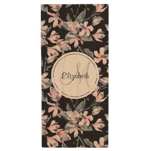 Pink  Gray Floral Watercolor Pattern Monogram Wood Flash Drive