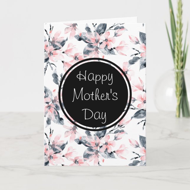 Pink & Gray Floral Watercolor Pattern Mother's Day Card (Front)