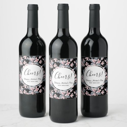 Pink  Gray Floral Watercolor Pattern Mothers Day Wine Label