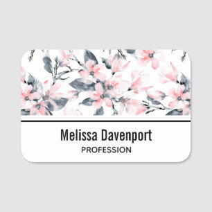 Pink & Gray Floral Watercolor Pattern Name Tag