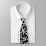 Pink & Gray Floral Watercolor Pattern Neck Tie<br><div class="desc">A tie with an elegant pattern made with a watercolor illustration of pink flowers with blue-gray leaves and stems. Classy black background.</div>